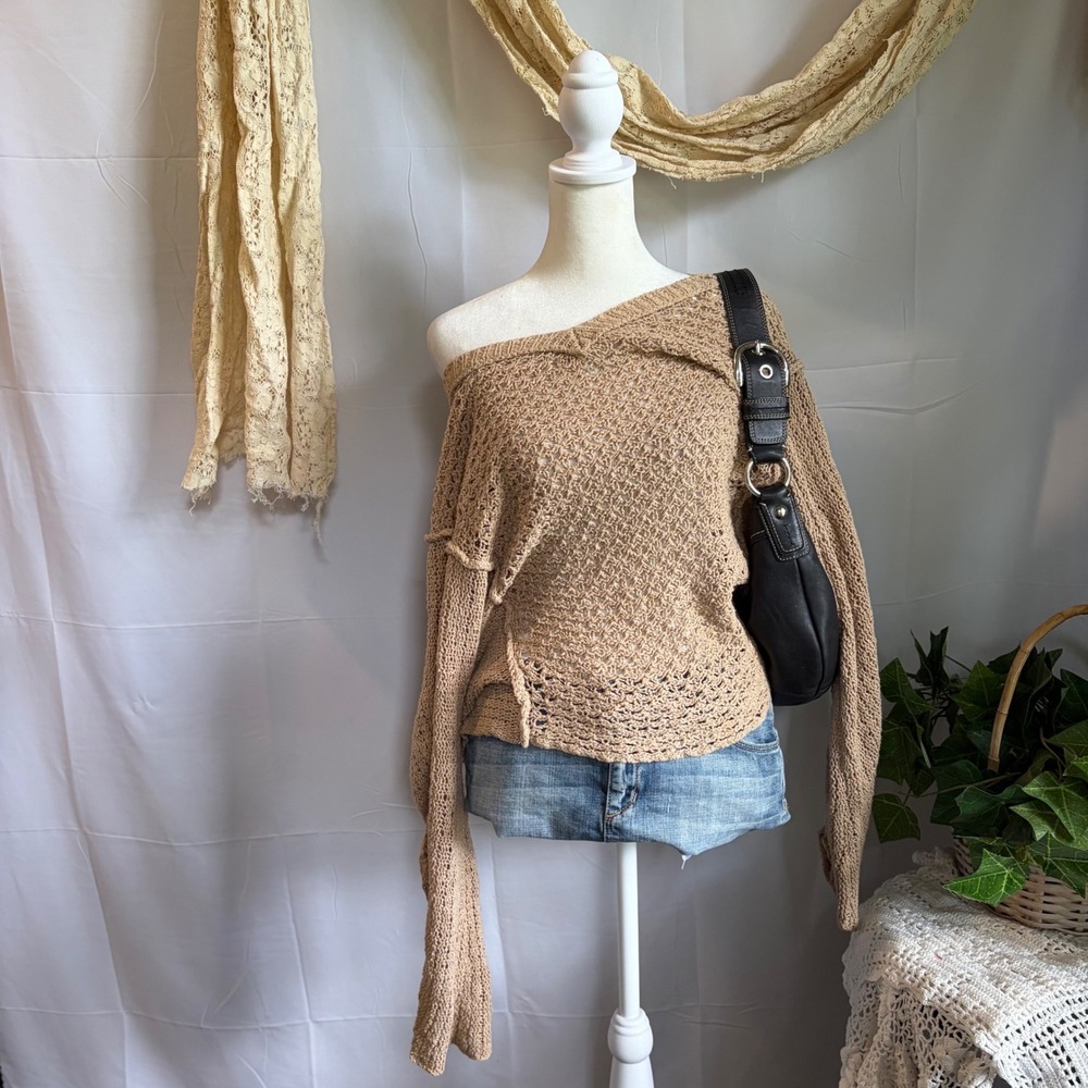 Free People Tan Beige Open Knit V-Neck Slouchy Cotton Blend Sweater Small